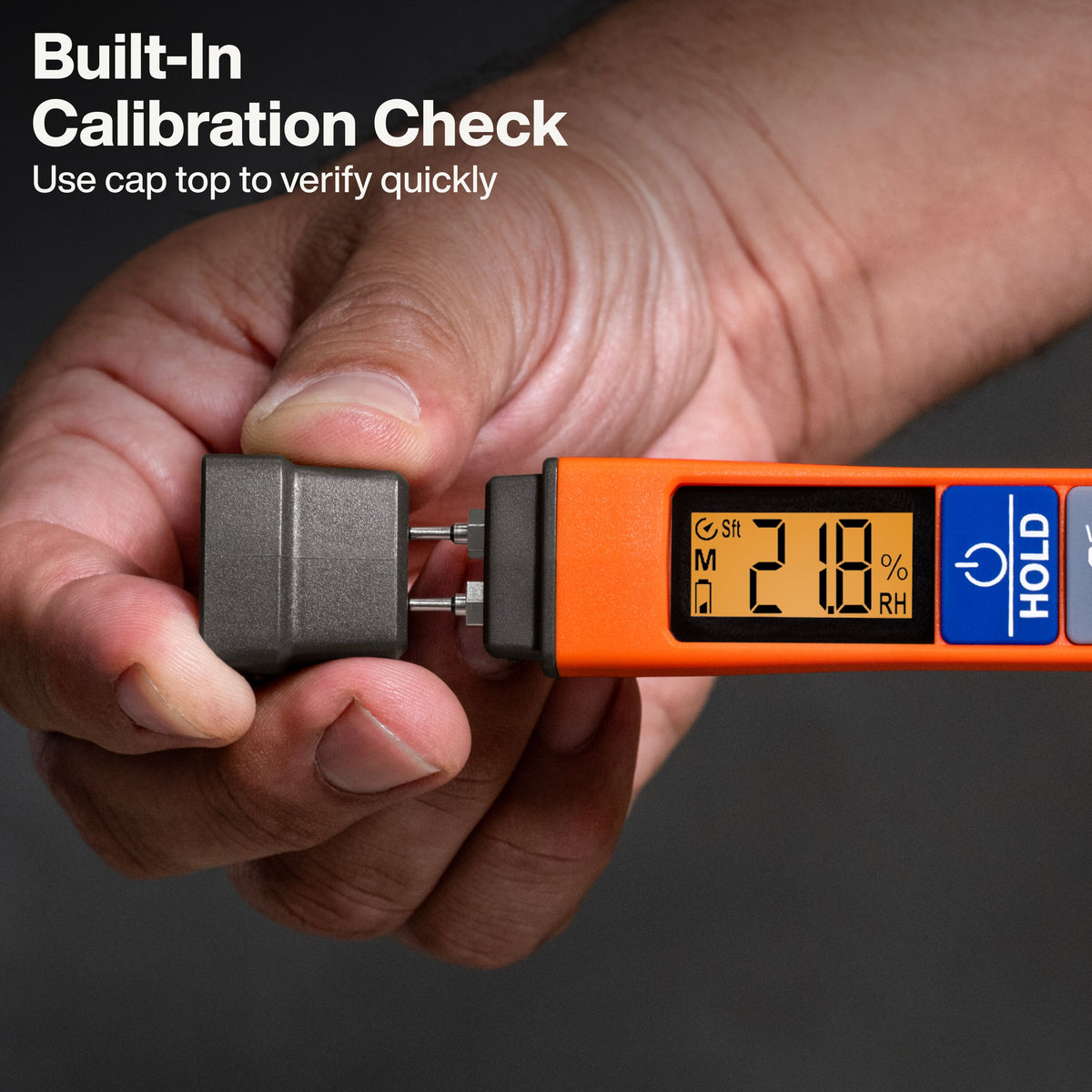 Klein Tools ET150 moisture meter protective cap doubling as a calibration checker