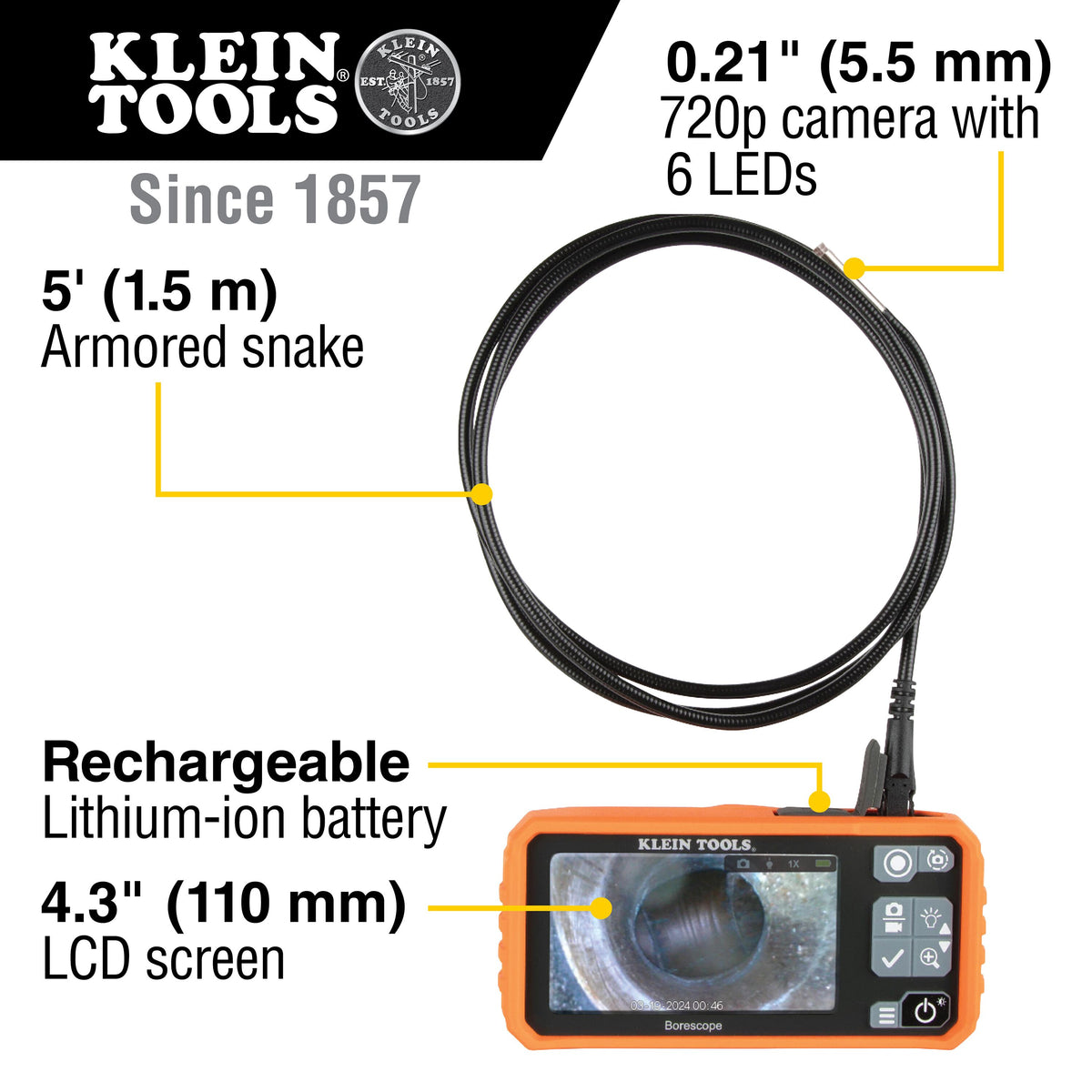 Klein ET18 plumber's borescope camera head with LED lights