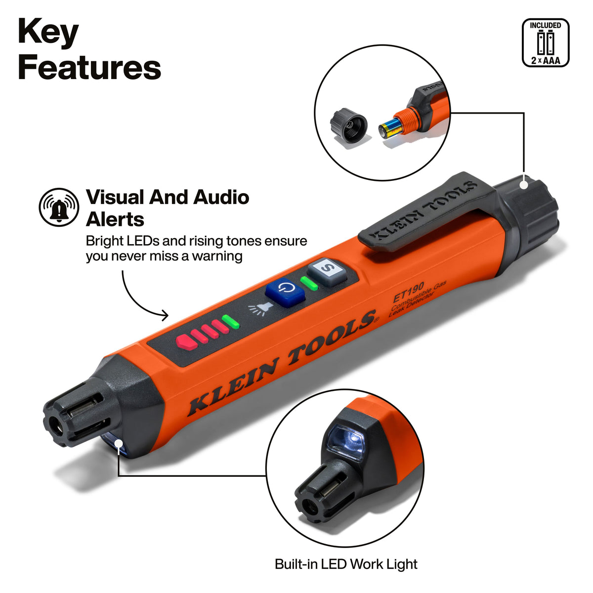 Klein Tools ET190 pocket-size gas leak detector with pen clip