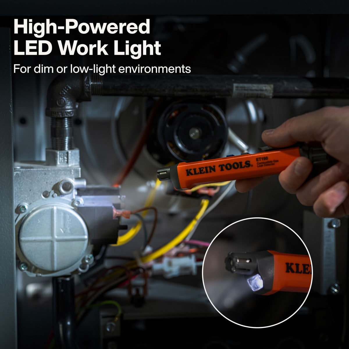 Klein Tools ET190 gas leak detector work light in a low-light space