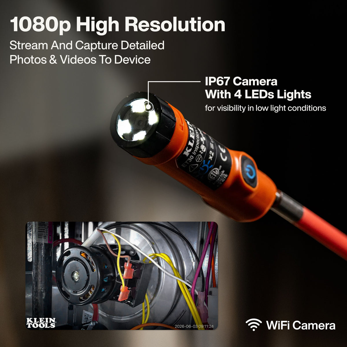 Klein Tools Compact Wireless Inspection Camera (ET30) always-up viewing and auto-focus
