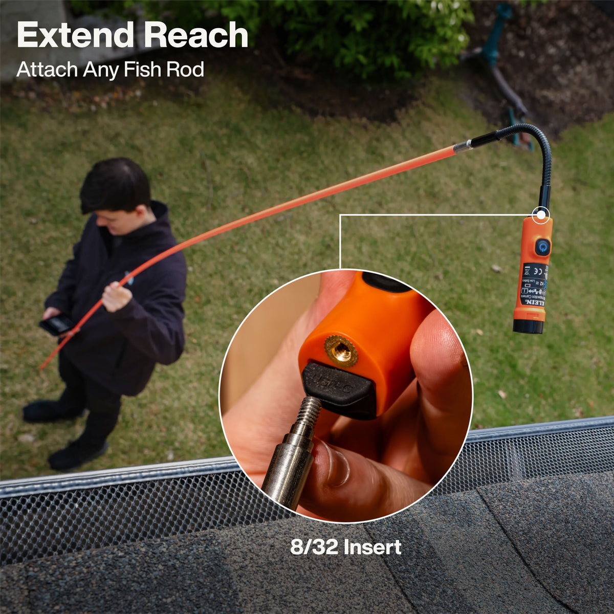 Klein Tools Compact Wireless Inspection Camera (ET30) attached to a fish rod with threaded adapter