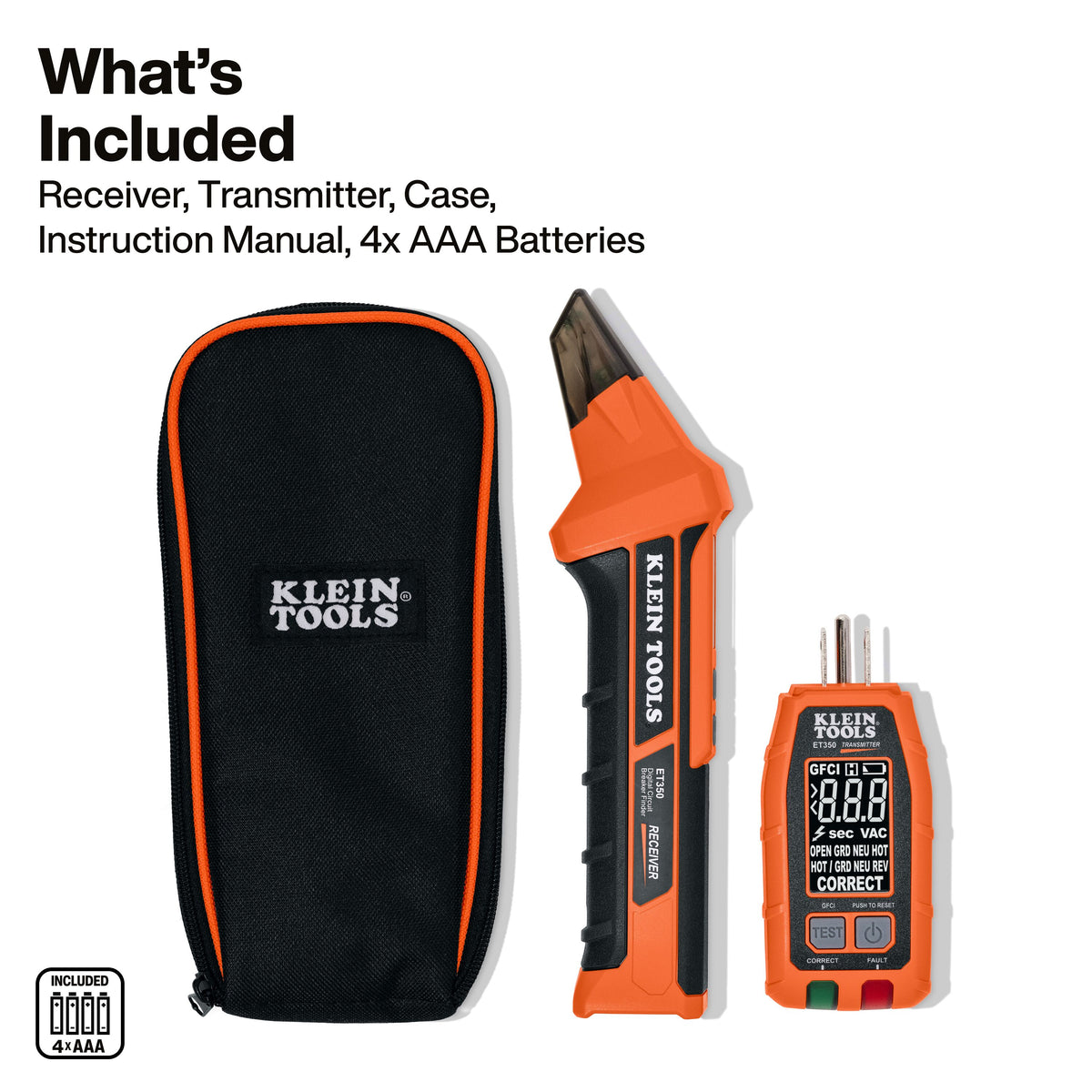 Klein Tools 4-in-1 Digital Circuit Breaker Finder (ET350) four functions: breaker finding, outlet diagnostics, non-contact voltage and work light