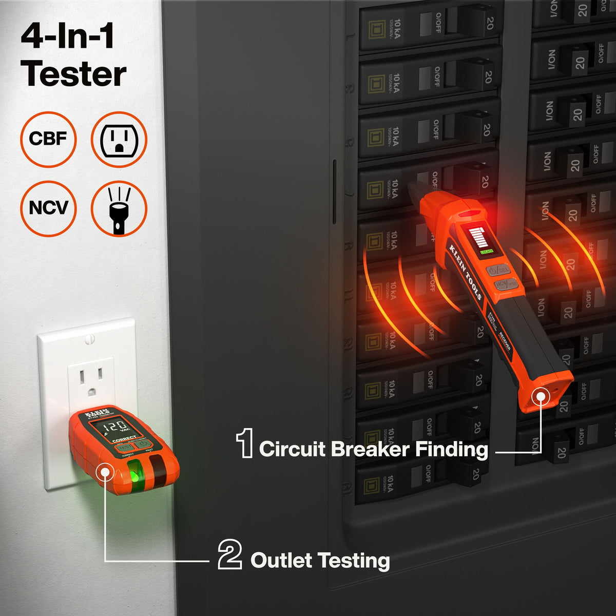 Klein Tools 4-in-1 Digital Circuit Breaker Finder (ET350) Learn Mode scanning an electrical panel