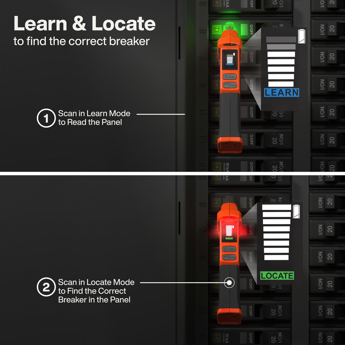 Klein Tools 4-in-1 Digital Circuit Breaker Finder (ET350) transmitter showing outlet wiring condition, voltage and GFCI trip time
