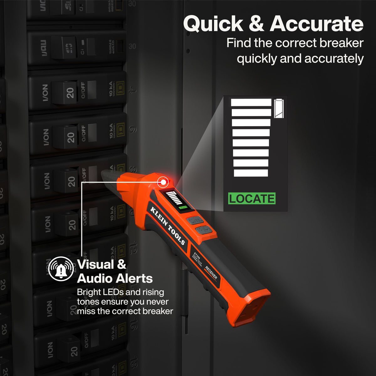 Klein Tools 4-in-1 Digital Circuit Breaker Finder (ET350) LED work light illuminating a dark panel