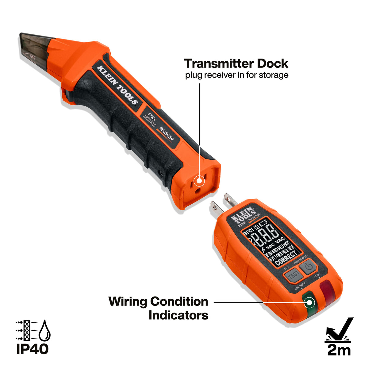 Klein Tools 4-in-1 Digital Circuit Breaker Finder (ET350) transmitter docked on the receiver for storage