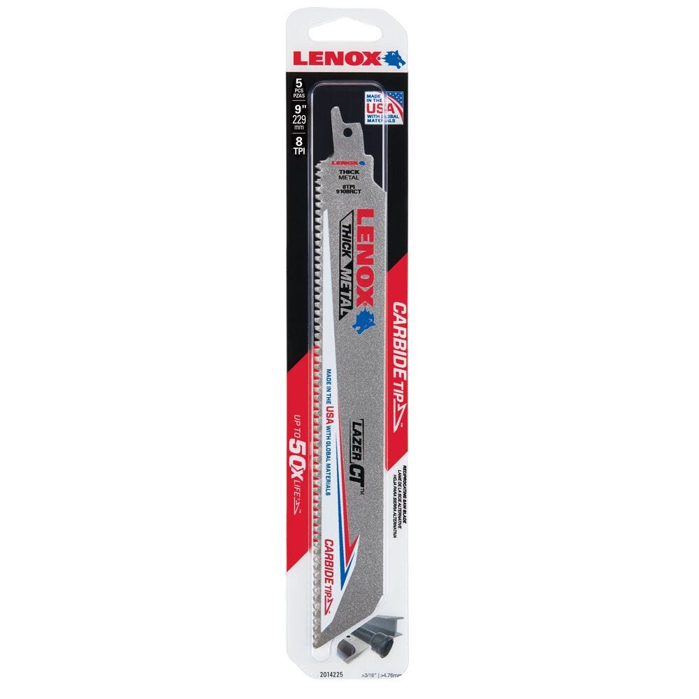 Lenox 2014225 Lazer CT 9" x 1" x .052" Carbide Tipped Recip Saw Blade, 5-Pack