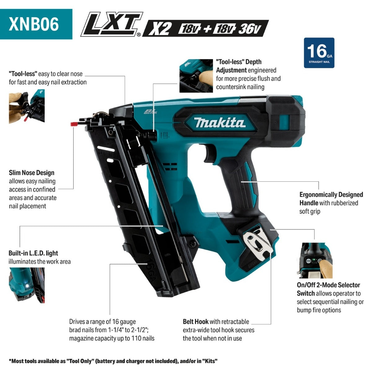Makita XNB06Z 18V LXT Brushless Cordless 2-1/2-in. Angled 16-Gauge Finish Nailer, Tool Only