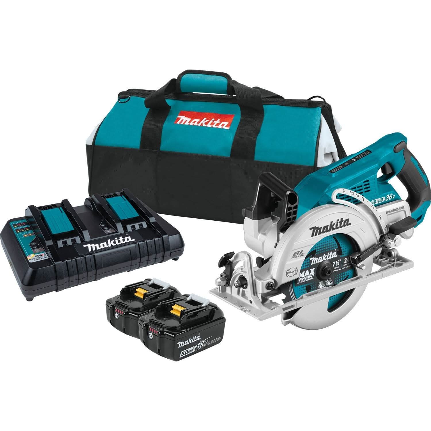 Makita 18V LXT X2 (36V) Rear Handle Circular Saw 5.0Ah Kit with Cordless Blower and 4-Pack Batteries