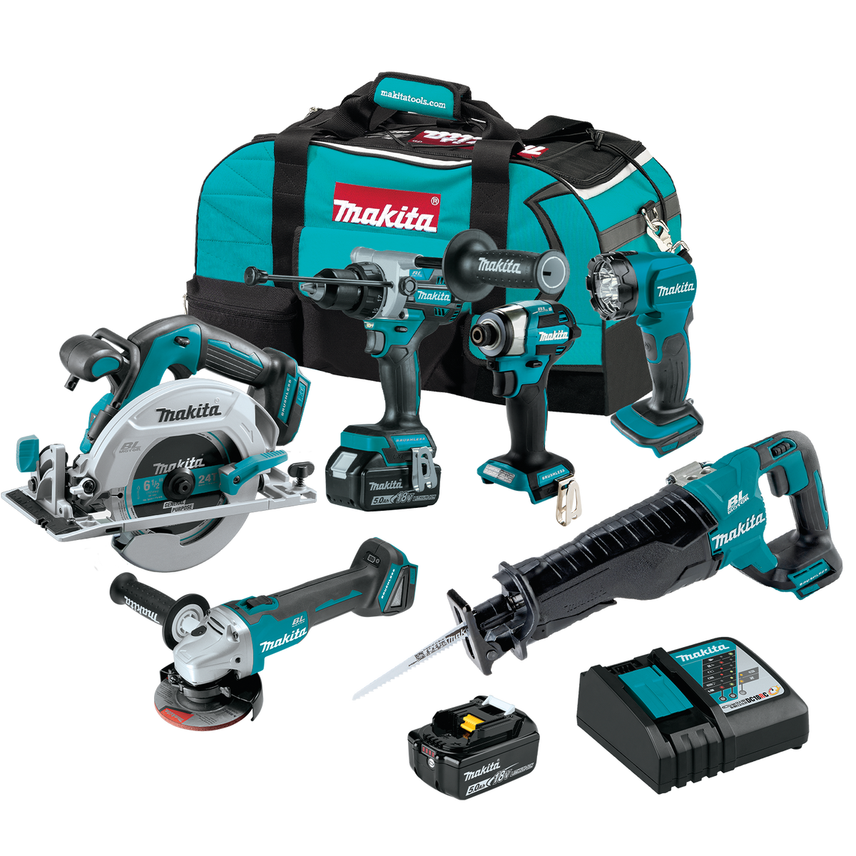 Makita 18V LXT Brushless 6-Tool Combo, 5.0Ah Kit kit contents (XT617T)
