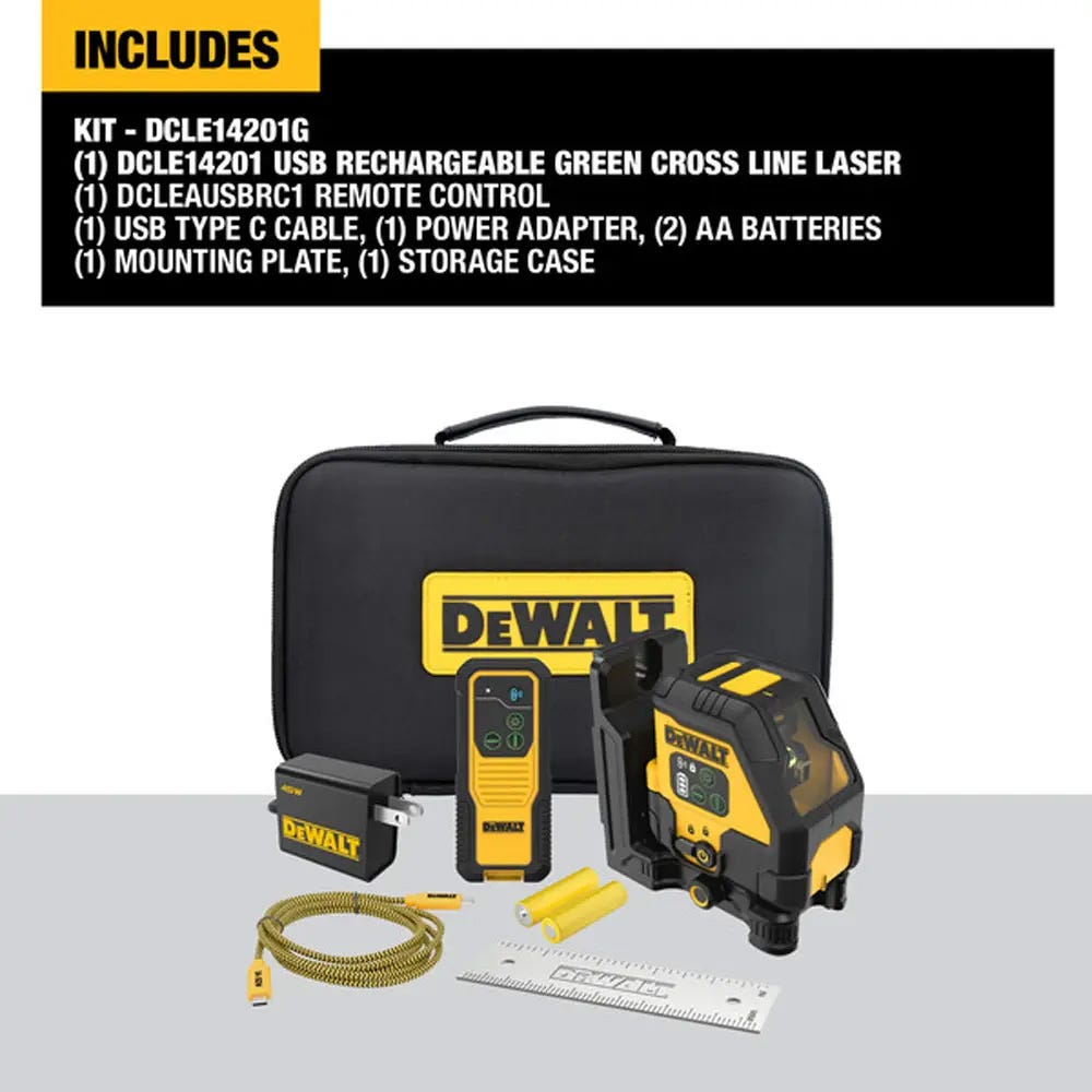 DeWalt DCLE14201G USB Rechargeable Green Cross Line Laser Kit