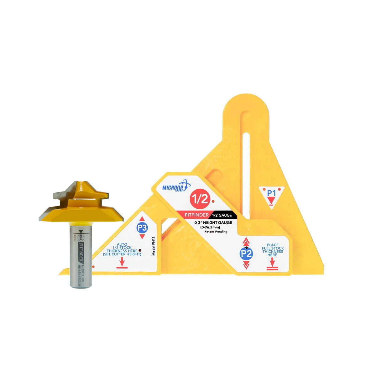Micro Jig FITFINDER 1/2 Gauge All-In-One Automatic Thickness Finder w/ FITFINDER Lock Miter 1/2" Shank Router Bit
