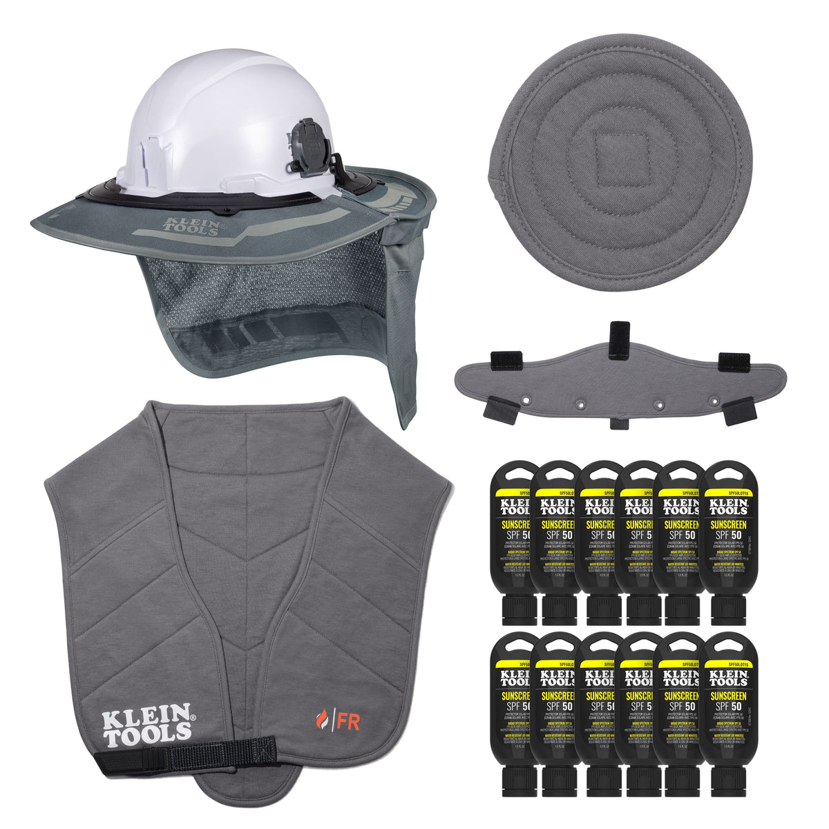 Klein Tools FRSUMKIT2 flame-resistant summer set with full brim sombreros, FR cooling vests, hard hat pads, sweat bands and SPF 50