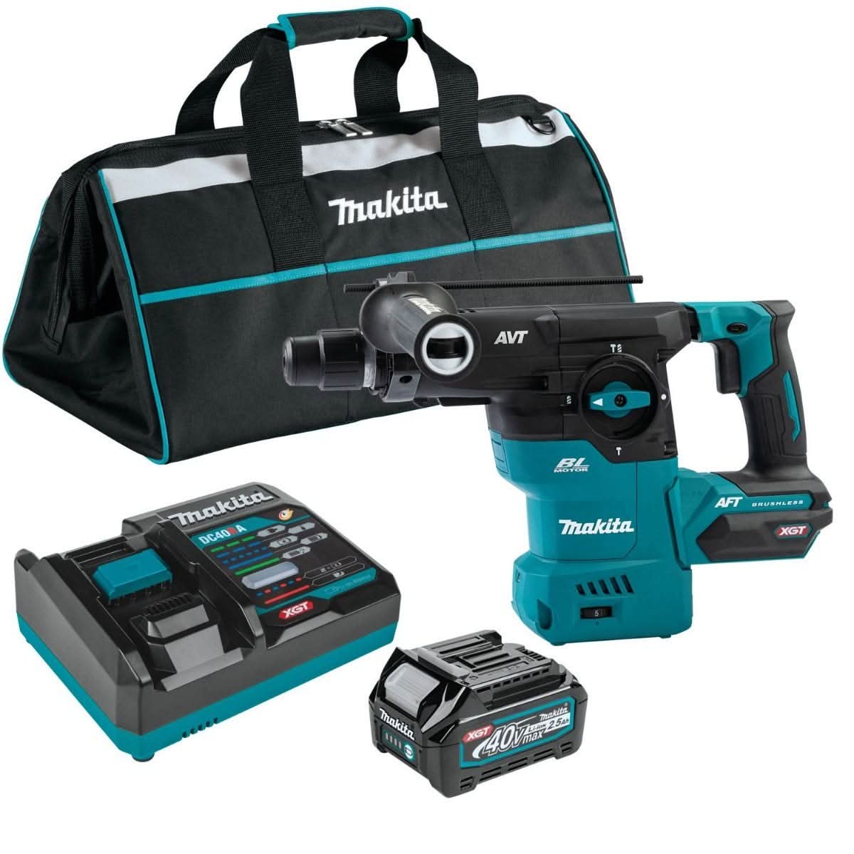 Makita 40V MAX XGT Brushless Cordless 1-3/16" SDS-Plus AVT Rotary Hammer 4.0Ah Kit, and 5" X-LOCK Paddle Switch Angle Grinder (Bare Tool)