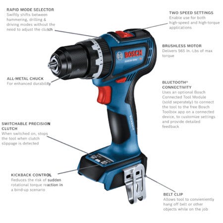 Bosch GSB18V-800CN 18V Connected-Ready Brushless 1/2 in. Hammer Drill Driver, Tool Only