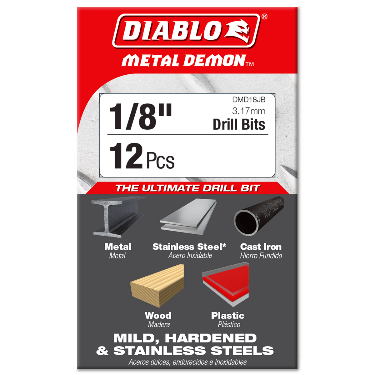 Diablo 1/8 in. Metal Demon Drill Bit for Mild, Hardened and Stainless Steels (DMD18JB) in retail packaging