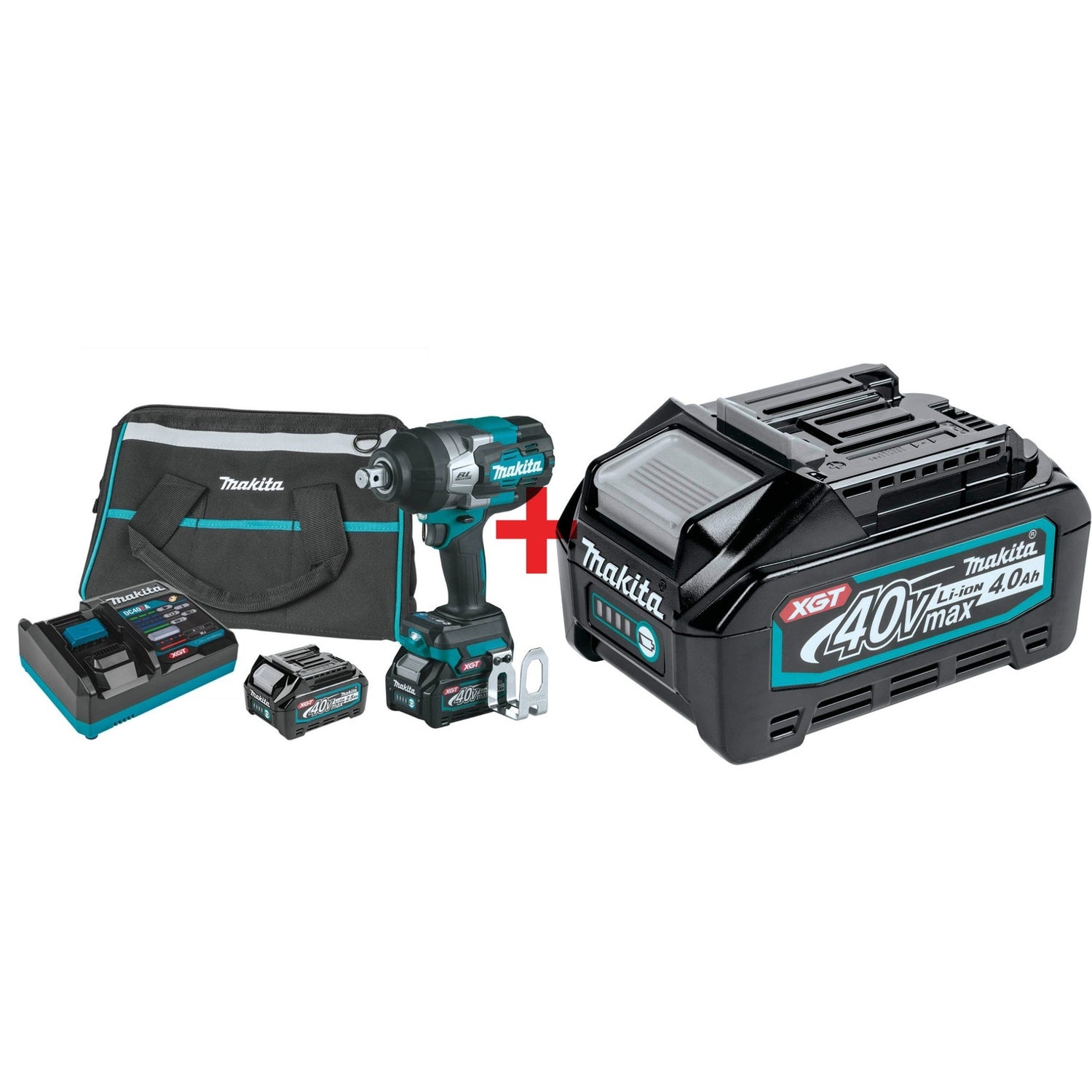 Makita 40V max XGT Brushless Cordless 4-Speed High-Torque 3/4-Inch Square Drive Impact Wrench 2.5Ah 2-Pack Battery Kit plus 4.0Ah Battery