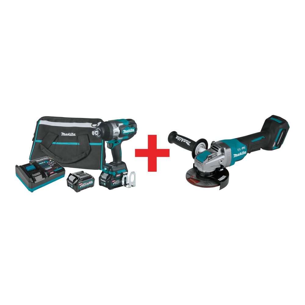 Makita 40V max XGT Brushless Cordless 4-Speed High-Torque 3/4-Inch Square Drive Impact Wrench 2.5Ah Kit with 5" X-LOCK Paddle Switch Angle Grinder (Bare Tool)