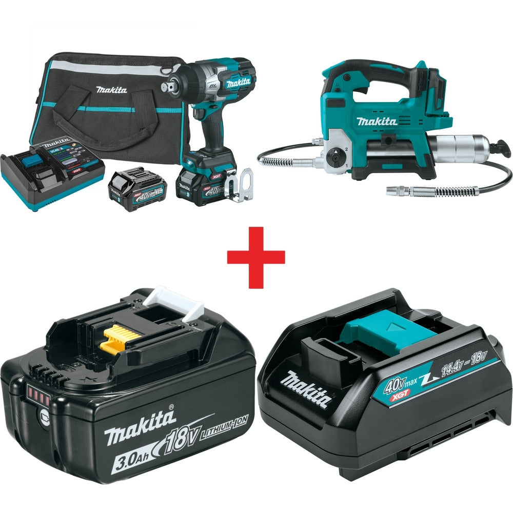 Makita 40V max XGT Brushless 4-Speed High-Torque 3/4-Inch Square Drive Impact Wrench 2.5Ah Kit with 18V LXT Lithium-Ion Grease Gun Kiit (3.0Ah)