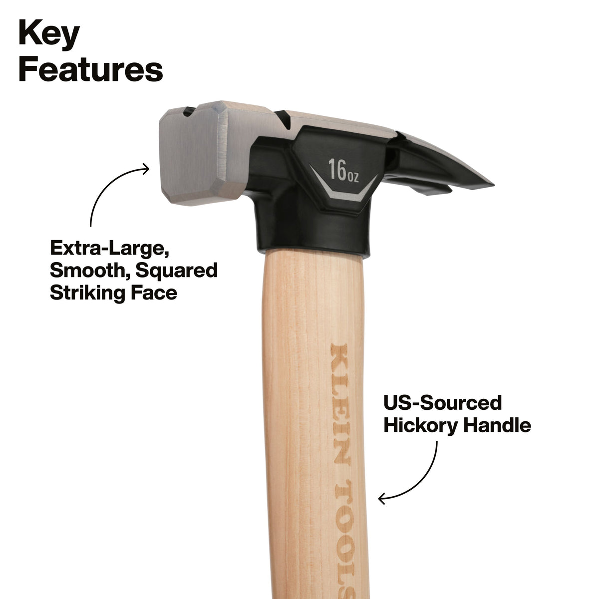 Klein Tools H80916HS hammer extra-large squared smooth strike face for accurate nail driving