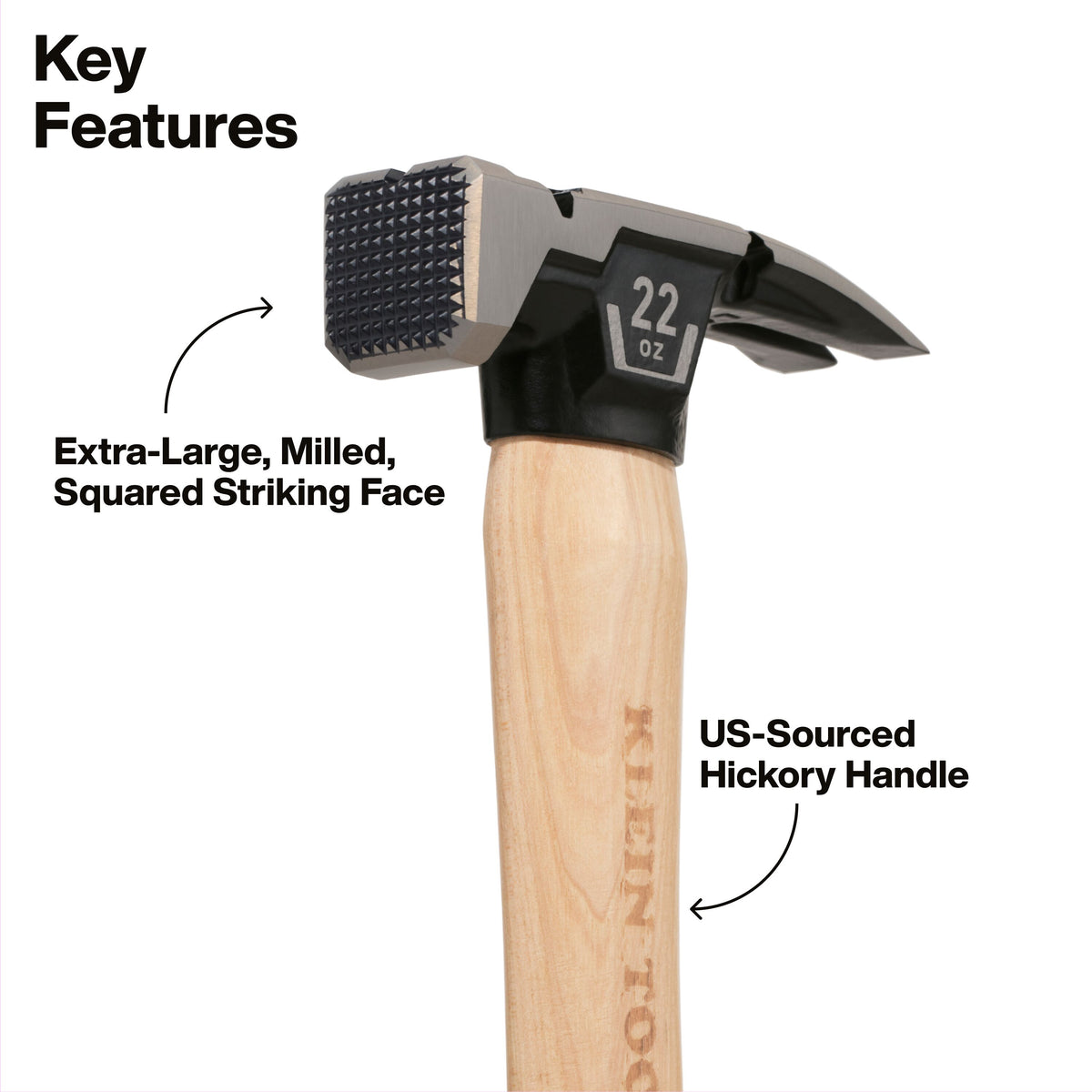 Klein Tools H80922H hammer extra-large squared milled strike face for efficient nail driving