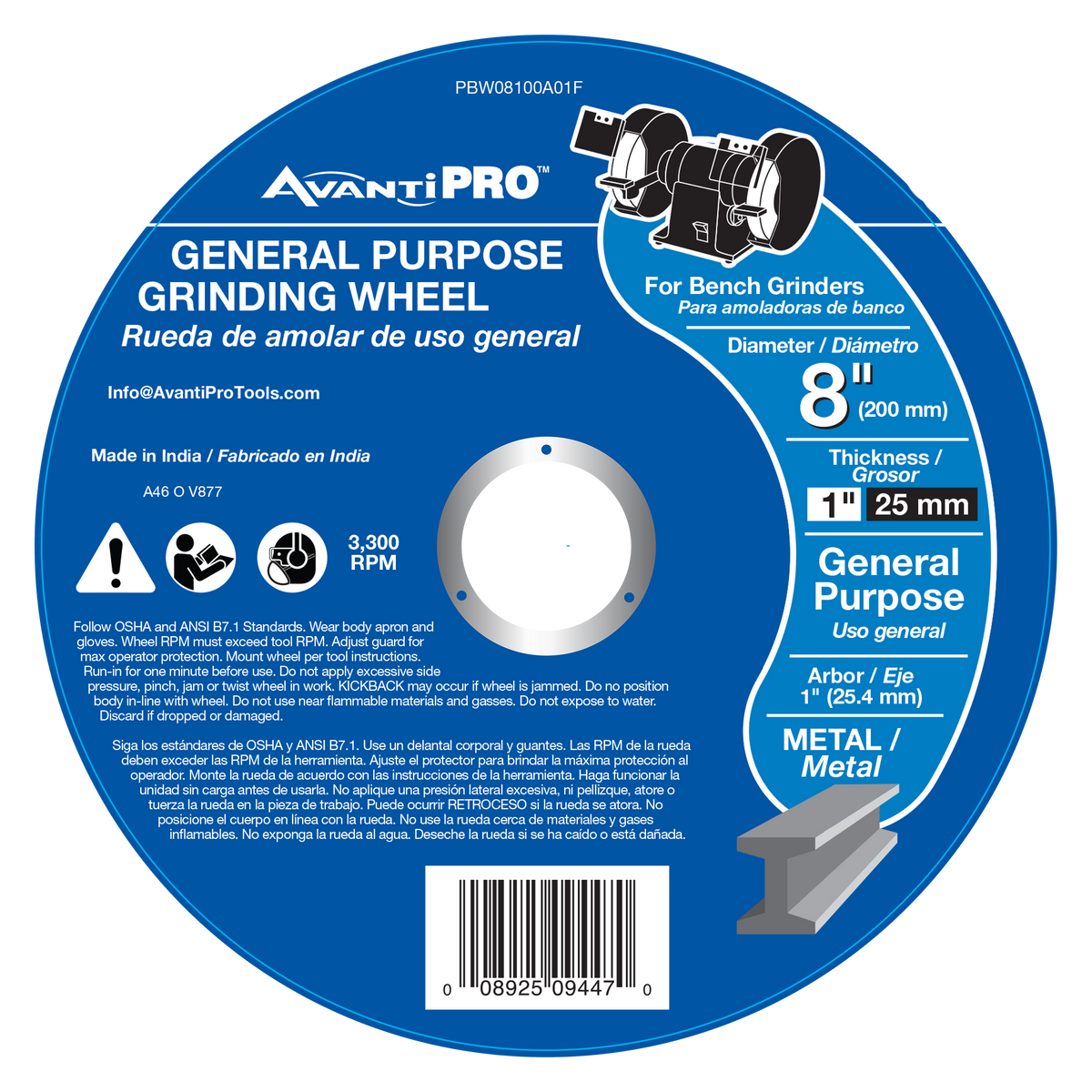 AvantiPRO 8 in. x 1 in. General Purpose Bench Grinding Wheel, 1 in. Arbor (PBW080100A01F)