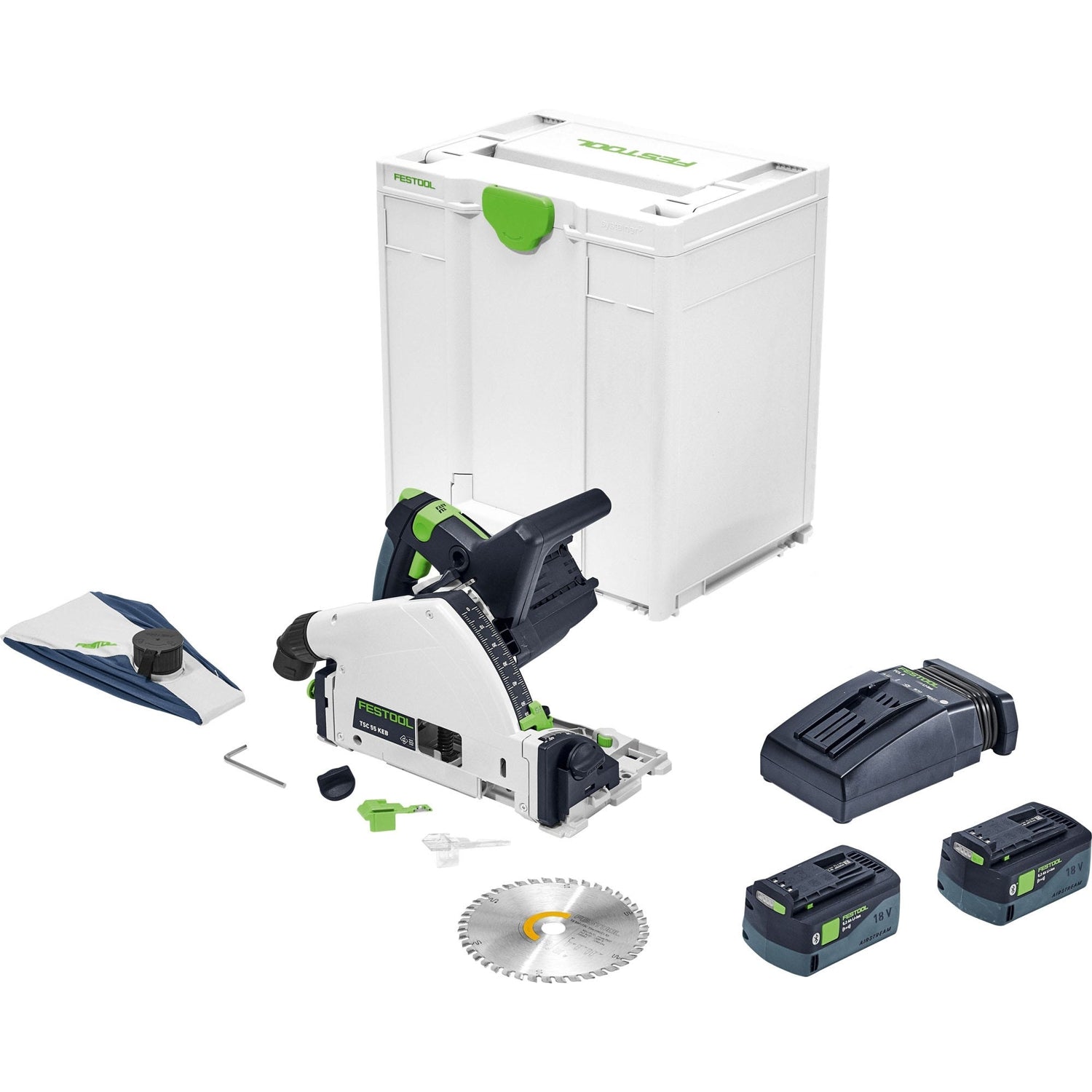 Festool TSC 55 K Cordless Track Saw 5.0Ah Kit with Kickback Stop, a FS 1400 55" Guide Rail, and Quick Ratcheting Clamp, 6-5/8"