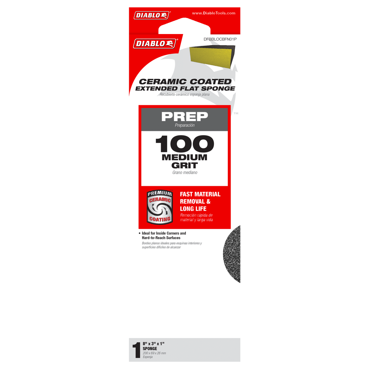 Diablo 8 in. x 3 in. x 1 in. 100-Grit Extended Flat Edge Sanding Sponge (DFBBLOCBFN01P) in retail packaging