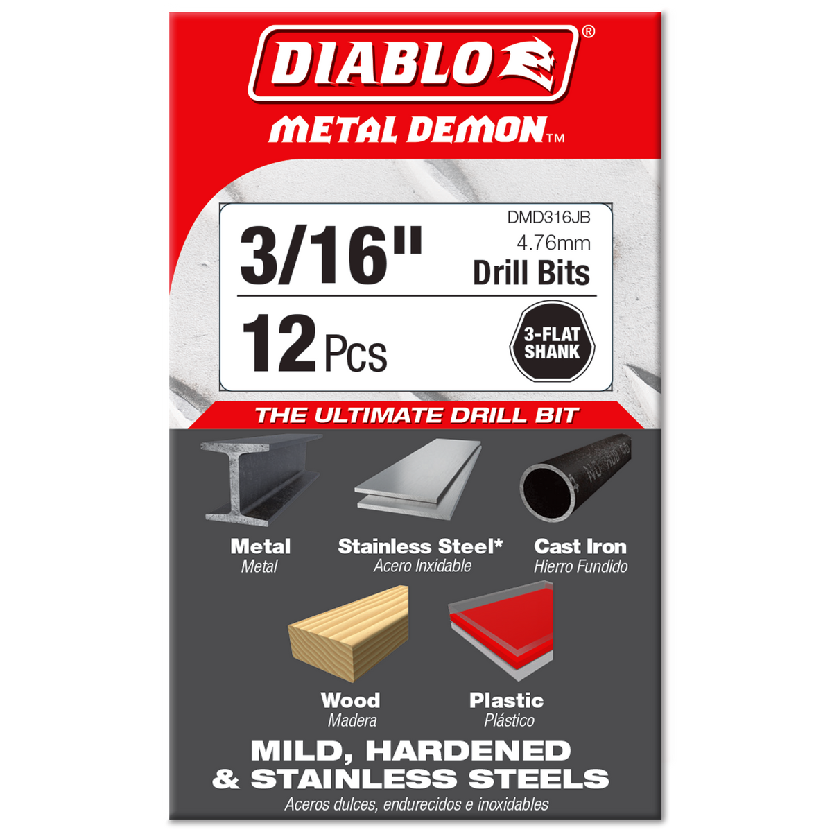 Diablo 3/16 in. Metal Demon Drill Bit for Mild, Hardened and Stainless Steels (DMD316JB) in retail packaging