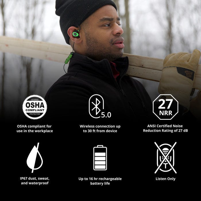 ISOTunes IT-28B PRO 2.0 INDUSTRIAL LISTEN ONLY Bluetooth Earbuds, Safety Green