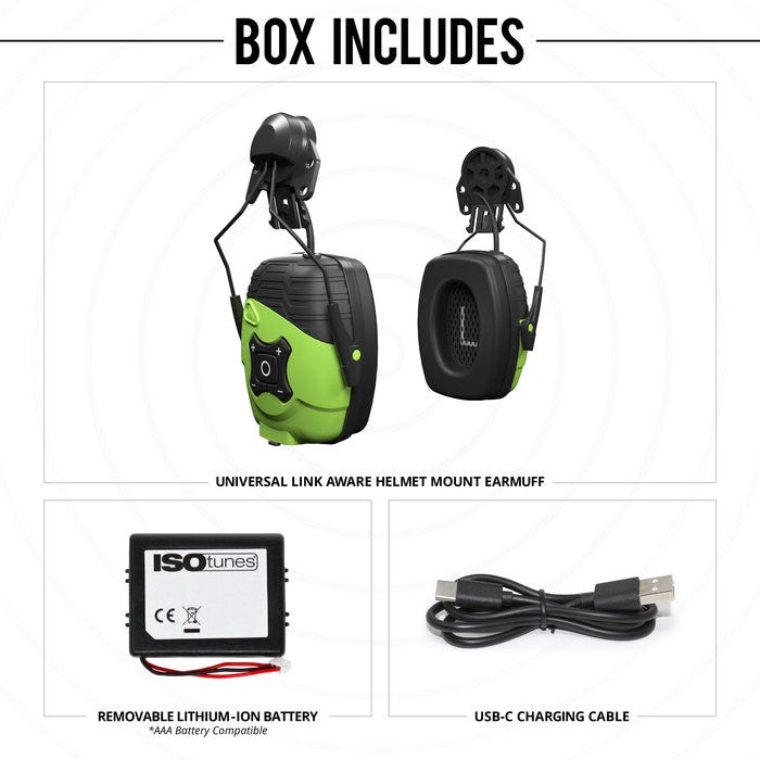 ISOTunes IT-95 LINK Aware Helmet Mount Earmuff w/ Ambient Listening Technology, Safety Green