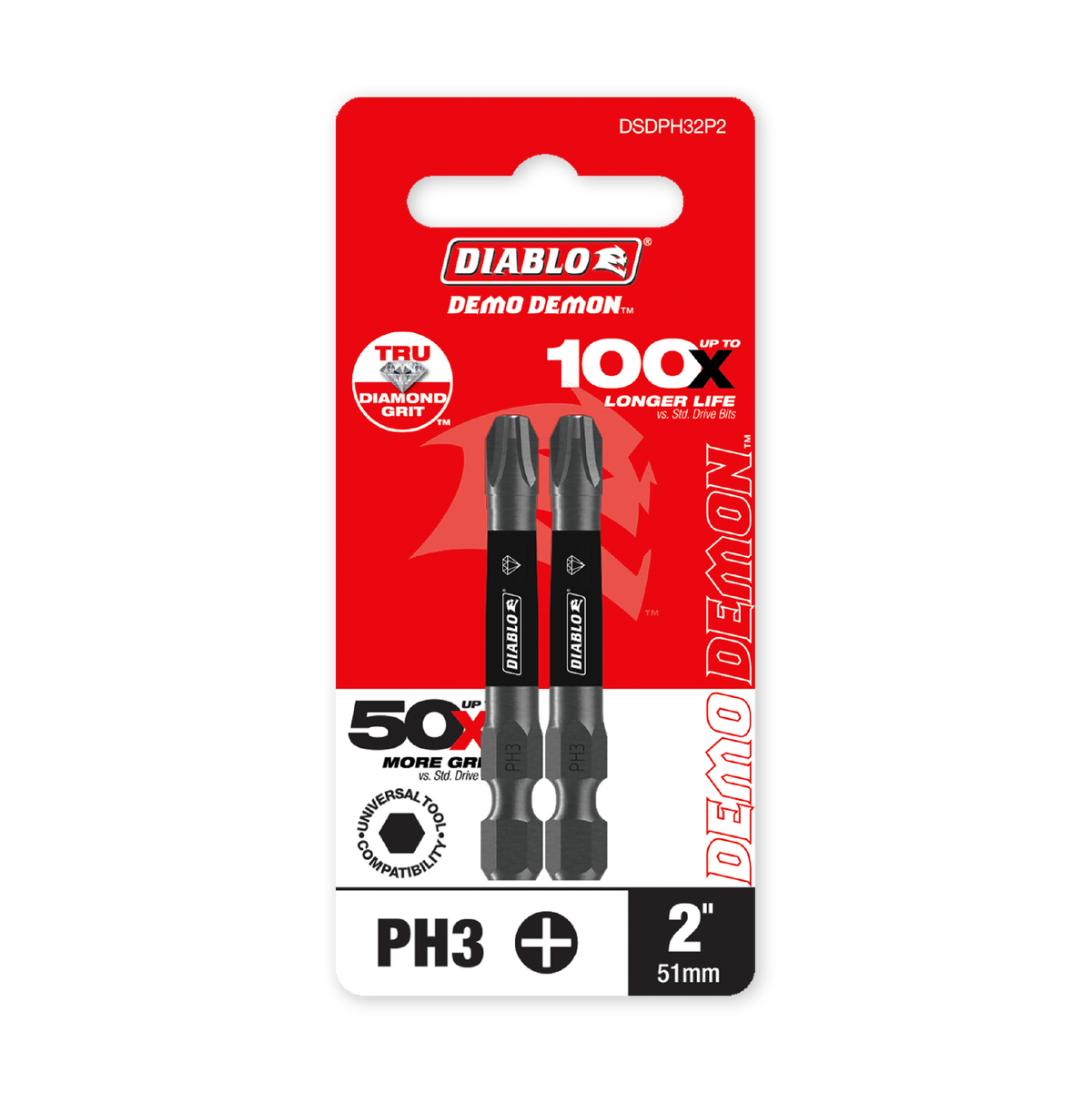 Diablo 2 in. Demon Phillips #3 Drive Bit (DSDPH32P2) in retail packaging