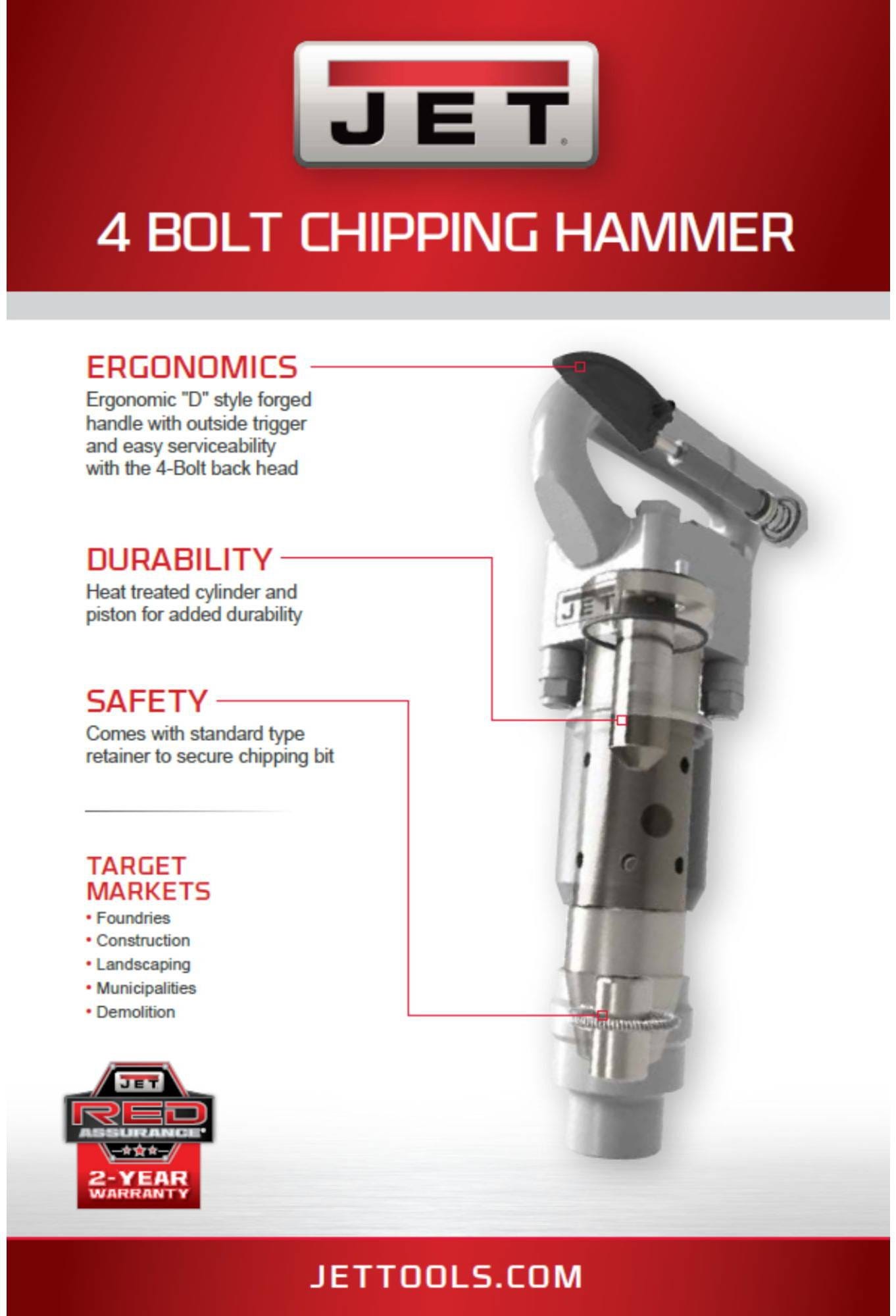 Jet Tools 550623 JCT-3623, 4" Stroke, Hex Shank, 4-Bolt Chipping Hammer
