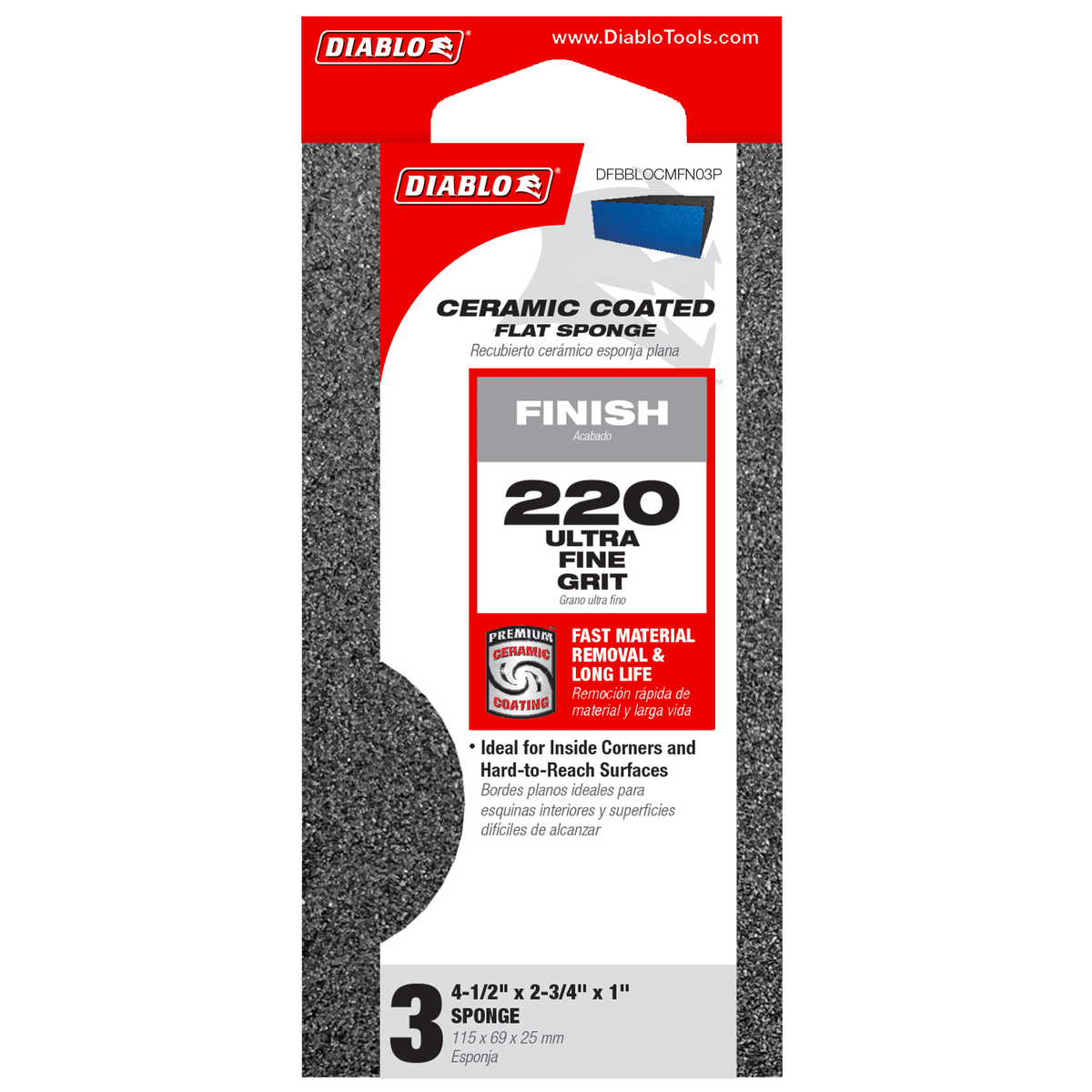 Diablo 4-1/2 in. x 2-3/4 in. x 1 in. 220 Grit Flat Edge Sanding Sponge (DFBBLOCMFN03P) in retail packaging