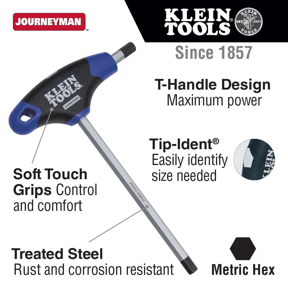 Klein Tools JTH6M4 4 mm Hex Key, Journeyman T-Handle, 6-Inch