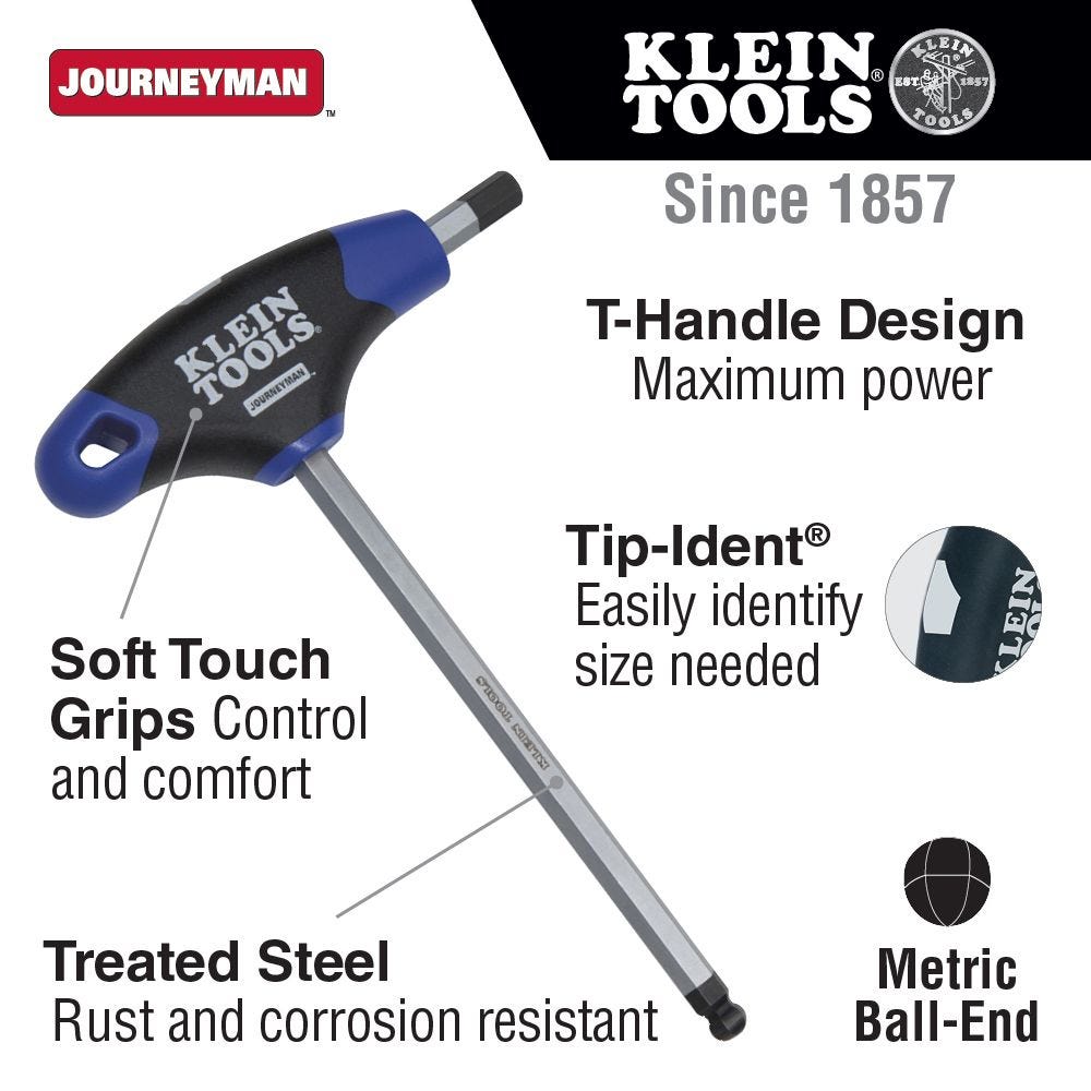 Klein Tools JTH6M5BE 5 mm Ball-End Hex Key, Journeyman T-Handle, 6-Inch