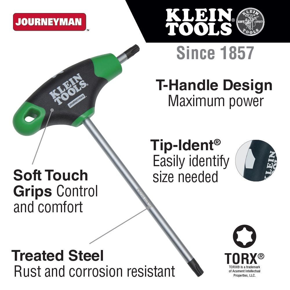 Klein Tools JTH6T10 T10 TORX Hex Key, Journeyman T-Handle, 6-Inch