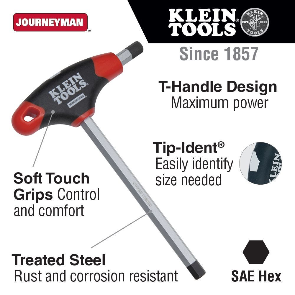 Klein Tools JTH9E08 1/8-Inch Hex Key, Journeyman T-Handle, 9-Inch