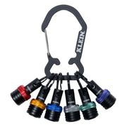Klein Tools K33851 bit holder keychain set with six color-coded 1/4" hex bit holders on a carabiner clip