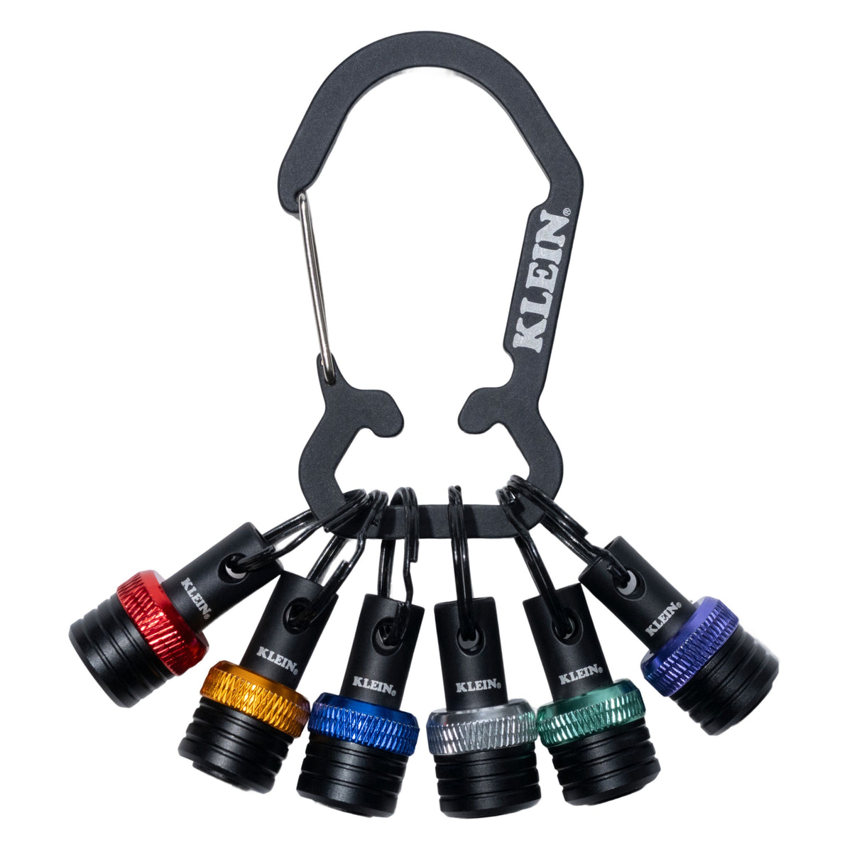 Klein Tools K33851 bit holder keychain set with six color-coded 1/4" hex bit holders on a carabiner clip