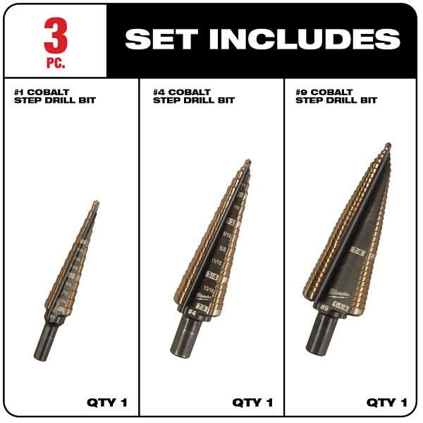 Milwaukee Cobalt Step Drill Bit Kit (3-Piece) - 48-89-9291 For Metal, Plastic & Wood