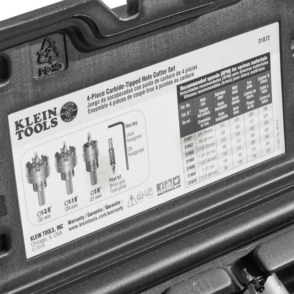 Klein 31872 Hole Saw Kit, Carbide Hole Cutter, 4-Piece