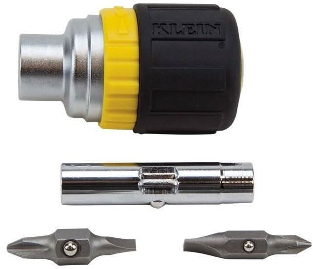 Klein 32593 Multi-Bit Ratcheting Screwdriver, 6-in-1, Stubby, Ph, Sl, Nut Bits