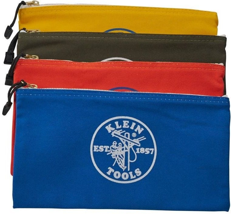 Klein 5140 Zipper Bags, Canvas Tool Pouches Olive/Orange/Blue/Yellow, 4-Pack
