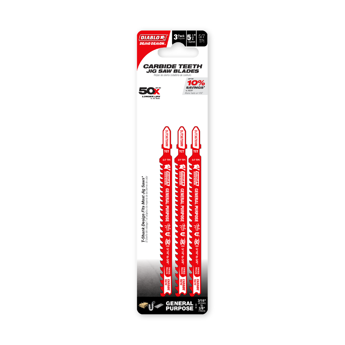 Diablo 5-1/4 in. 5/7 TPI Carbide Jig Saw Blade for General Purpose Cuts (DJT367XHM3) in retail packaging