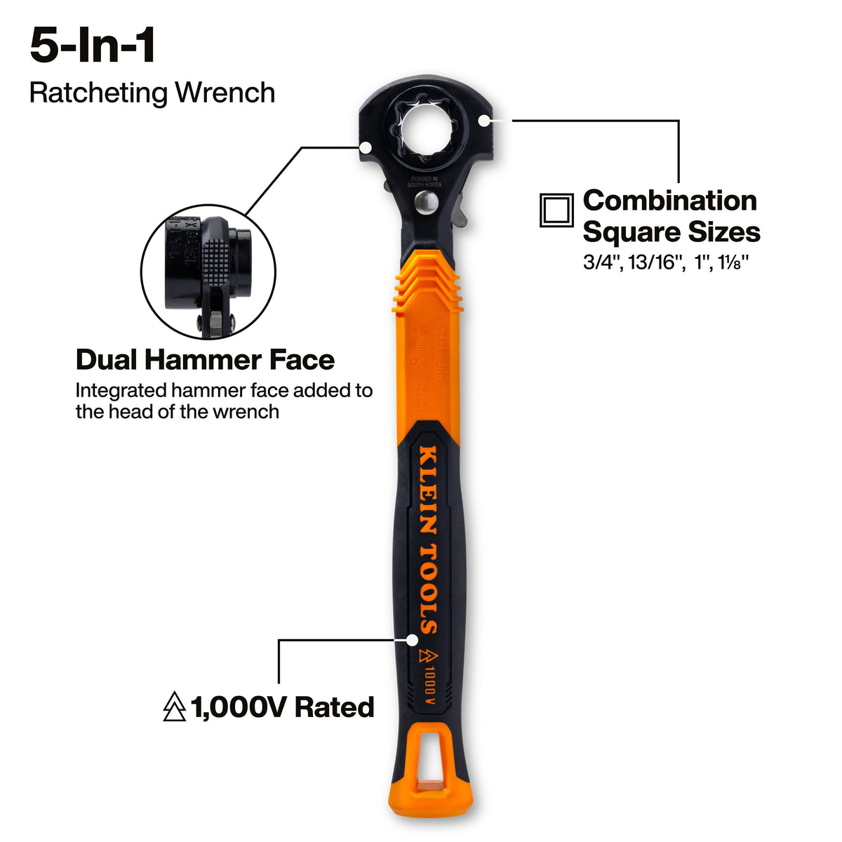 Klein Tools KT171HFINS insulated lineman wrench forged dual hammer faces on the wrench head