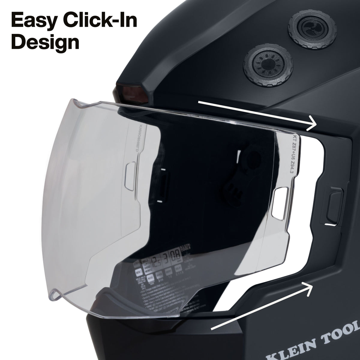 Klein Tools KWHOSHIELD snap-in outer shield installing tool-free in the Phoenix welding helmet
