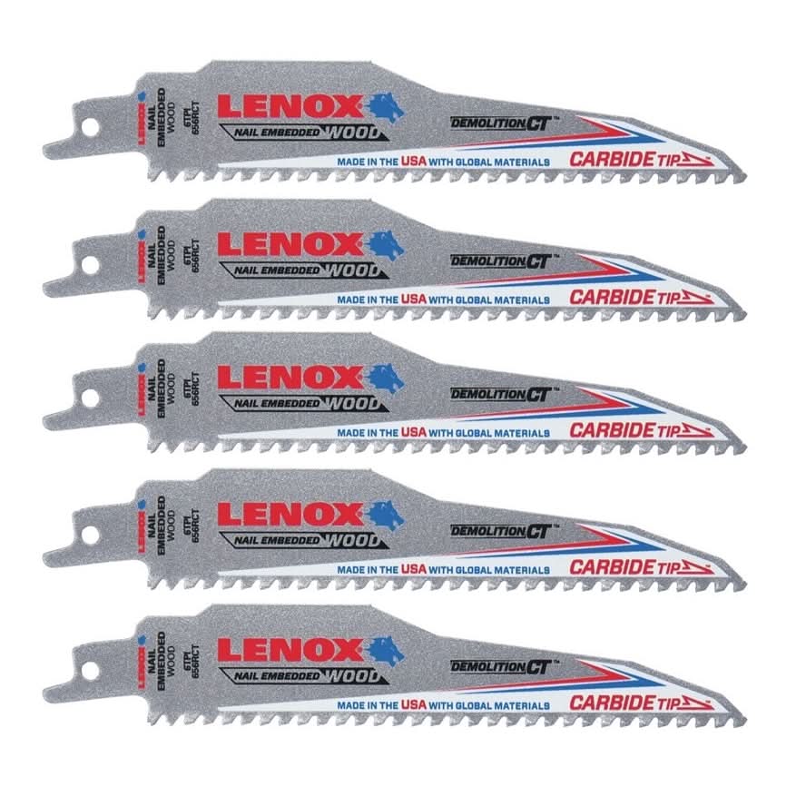Lenox 1832162 Demolition Carbide Tooth Reciprocating Saw Blade, 6-Inch, 6 TPI, 5-Pack