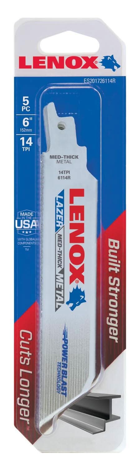 Lenox 201726114R LAZER 6114R Bi-Metal Reciprocating Saw Blades, 6-inch, 14 TPI, 5-Pack